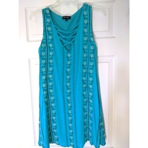Embroidered teal summer flowy tunic dress